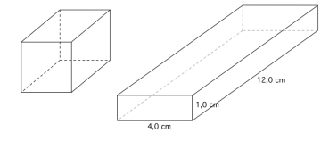 En terning og et prisme med sider 4,0 cm, 1,0 cm og 12,0 cm